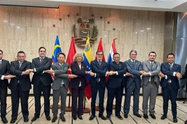 Ngoại trưởng Plasencia (đứng giữa) chụp ảnh lưu niệm cùng Đại sứ các nước ASEAN và đại diện các bộ ngành Venezuela. (Ảnh: TTXVN phát) 