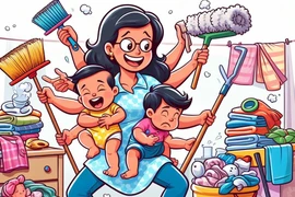 Nhiều người vợ phải làm mọi việc vì không có người san sẻ việc nhà. (Nguồn: Ảnh do AI tạo ra từ Bing Image Creator)