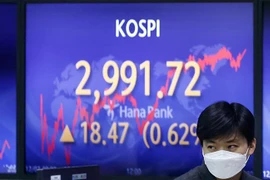 Bảng điện tử thông báo chỉ số KOSPI tăng điểm tại ngân hàng Hana ở Seoul, Hàn Quốc. (Ảnh minh họa: YONHAP/TTXVN) 