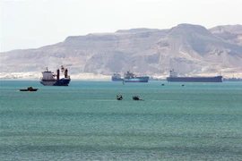 Các tàu hàng neo đậu chờ thông tuyến qua kênh đào Suez, Ai Cập, sau sự cố tàu Ever Given mắc kẹt tại đây, ngày 28/3/2021. (Nguồn: AFP/TTXVN) 