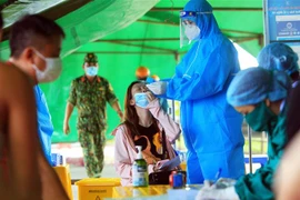 Lực lượng y bác sỹ lấy mẫu xét nghiệm COVID-19 cho các chủ phương tiện và những hành khách tại các điểm chốt ở Hải Phòng. (Ảnh: An Đăng/TTXVN) 