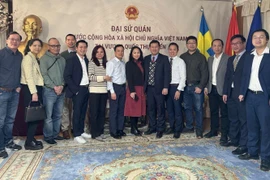 Các trí thức và nhà khoa học Việt Nam tại Thụy Điển chụp ảnh lưu niệm với Đại sứ Trần Văn Tuấn (thứ 6 từ bên phải). (Ảnh: TTXVN phát)