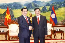 Chủ tịch Quốc hội Vương Đình Huệ chào xã giao Tổng Bí thư, Chủ tịch nước Lào Thongloun Sisoulith. (Ảnh: Doãn Tấn/TTXVN) 