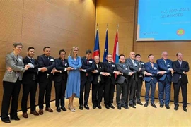 Các Đại sứ, đại diện các quốc gia ASEAN tại Bỉ chụp ảnh lưu niệm. (Ảnh: Thu Thủy/TTXVN) 