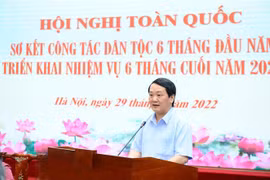 Bộ trưởng, Chủ nhiệm Ủy ban Dân tộc Hầu A Lềnh phát biểu khai mạc hội nghị. (Ảnh: Minh Đức/TTXVN) 