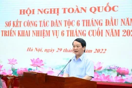 Bộ trưởng, Chủ nhiệm Ủy ban Dân tộc Hầu A Lềnh phát biểu khai mạc hội nghị. (Ảnh: Minh Đức/TTXVN) 