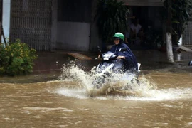 Ngập cục bộ trên đường Nhạc Sơn, thành phố Lào Cai, khiến các phương tiện tham gia giao thông gặp nhiều khó khăn. (Ảnh: Quốc Khánh/TTXVN) 