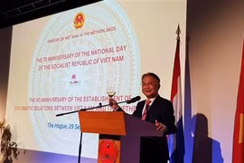 Đại sứ Việt Nam tại Hà Lan Ngô Hướng Nam phát biểu tại lễ kỷ niệm. (Ảnh: TTXVN phát)