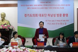 Bí thư Tỉnh ủy Hà Nam Lê Thị Thủy phát biểu tại buổi làm việc. (Ảnh: Nguyễn Chinh/TTXVN)