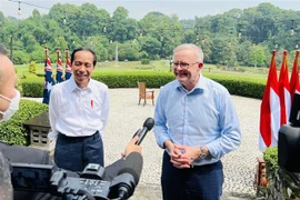 Tổng thống Indonesia Joko Widodo (trái) và Thủ tướng Australia Anthony Albanese (phải) phát biểu với báo giới tại Bogor, Tây Java, ngày 6/6/2022. (Ảnh: AFP/TTXVN) 