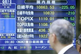 Màn hình hiển thị các chỉ số chứng khoán tại Tokyo, Nhật Bản. (Ảnh: Kyodo/TTXVN)
