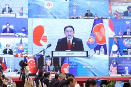 Trưởng đoàn các nước ASEAN và Nhật Bản tham dự Hội nghị cấp cao ASEAN-Nhật Bản lần thứ 24 theo hình thức trực tuyến. (Ảnh: Dương Giang/TTXVN) 
