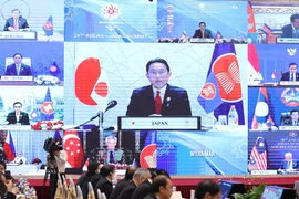Trưởng đoàn các nước ASEAN và Nhật Bản tham dự Hội nghị cấp cao ASEAN-Nhật Bản lần thứ 24 theo hình thức trực tuyến. (Ảnh: Dương Giang/TTXVN) 