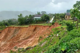 Hiện trường khu vực sạt lở. (Ảnh: Lê Ngọc Phước/TTXVN) 