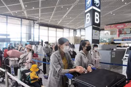 Công dân Việt Nam xếp hàng chờ làm thủ tục ở sân bay Narita, Nhật Bản ngày 25/5. (Ảnh: Đào Thanh Tùng/TTXVN) 