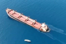 Tàu chở hàng neo gần bờ biển Yemen sau khi bị lực lượng Houthi tấn công ngày 18/2/2024. (Ảnh: THX/TTXVN)