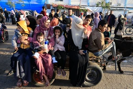 Người dân Palestine trở về nhà ở Khan Yunis, Dải Gaza khi lệnh ngừng bắn có hiệu lực, ngày 24/11/2023. (Ảnh: AFP/TTXVN) 