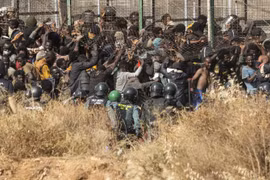 Những người di cư đã cố gắng phá hàng rào ngăn cách giữa Maroc và vùng lãnh thổ Melilla, buộc lực lượng chức năng Maroc phải can thiệp, dẫn đến vụ giẫm đạp. (Nguồn: AP) 
