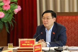 Bí thư Thành ủy Hà Nội Vương Đình Huệ phát biểu tại buổi làm việc. (Ảnh: Văn Điệp/TTXVN) 