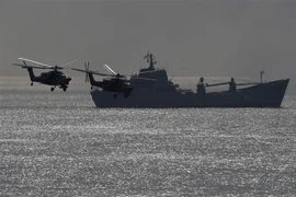 Tàu chiến và trực thăng quân sự của Nga. (Nguồn: AFP/TTXVN) 
