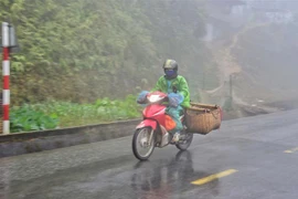 Người dân đi xe máy vận chuyển hàng hóa trong sương sớm, giá lạnh trên đỉnh đèo Pha Đin, Điện Biên. (Ảnh: Xuân Tiến/TTXVN) 