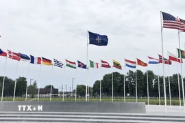 Cờ NATO và quốc kỳ các nước thành viên tại trụ sở NATO ở Brussels, Bỉ. (Ảnh: Kyodo/TTXVN)