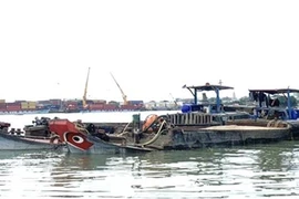 Hai phương tiện vận chuyển cát không rõ nguồn gốc bị bắt giữ. (Ảnh : TTXVN phát) 