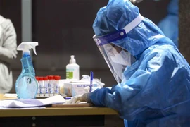 Nhân viên y tế kiểm tra thông tin những người đến xét nghiệm. (Ảnh: Tuấn Đức/TTXVN) 