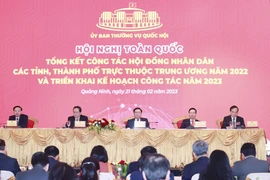 Chủ tịch Quốc hội Vương Đình Huệ và Thường trực Ban Bí thư Võ Văn Thưởng dự và chỉ đạo hội nghị. (Ảnh: Doãn Tấn/TTXVN)