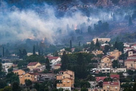 Đám cháy bùng phát ở Kiryat Shmona, miền Bắc Israel, sau các vụ tấn công bằng tên lửa từ Liban ngày 3/6/2024. (Ảnh: THX/TTXVN)