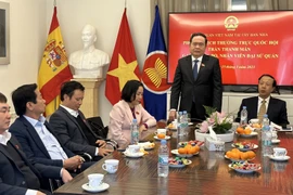 Phó Chủ tịch thường trực Quốc hội Trần Thanh Mẫn thăm và nói chuyện thân mật với cán bộ, nhân viên Đại sứ quán Việt Nam tại Tây Ban Nha. (Ảnh: Thu Hà/TTXVN)