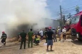 Lực lượng chức năng tích cực chữa cháy tại kho chứa rơm nhà ông Trần Sa Phol. (Ảnh: TTXVN phát)