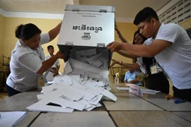 Nhân viên bầu cử Campuchia tiến hành kiểm phiếu tại một điểm bầu cử Quốc hội ở thủ đô Phnom Penh, ngày 23/7/2023. (Ảnh: AFP/TTXVN)
