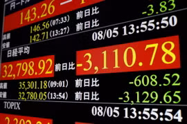 Màn hình hiển thị chỉ số chứng khoán tại Tokyo, Nhật Bản. (Ảnh minh họa: Kyodo/TTXVN)