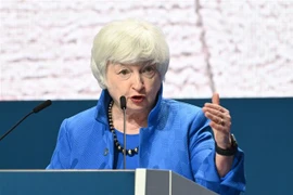 Bộ trưởng Tài chính Mỹ Janet Yellen trong cuộc họp báo sau hội nghị các Bộ trưởng Tài chính và Thống đốc ngân hàng nhóm Các nền kinh tế phát triển và mới nổi (G20) tại Venice (Italy) ngày 11/7/2021. (Ảnh: AFP/TTXVN) 