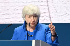 Bộ trưởng Tài chính Mỹ Janet Yellen trong cuộc họp báo sau hội nghị các Bộ trưởng Tài chính và Thống đốc ngân hàng nhóm Các nền kinh tế phát triển và mới nổi (G20) tại Venice (Italy) ngày 11/7/2021. (Ảnh: AFP/TTXVN) 
