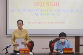 Bà Lê Thị Thủy, Bí thư Tỉnh ủy, Trưởng Ban chỉ đạo phòng, chống dịch COVID-19 tỉnh Hà Nam phát biểu chỉ đạo tại hội nghị. (Ảnh: Thanh Tuấn/TTXVN) 