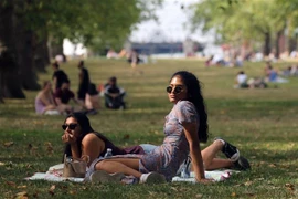 Người dân tránh nắng nóng dưới bóng cây trong Công viên Green ở London, Anh. (Ảnh: AFP/TTXVN)