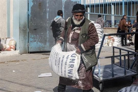 Người dân Palestine nhận hàng cứu trợ của Liên hợp quốc tại trại tị nạn Rafah, phía nam Dải Gaza, ngày 22/1/2023. (Ảnh: AFP/TTXVN)