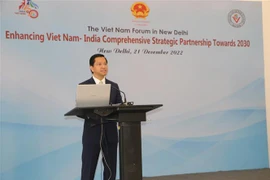 Đại sứ Việt Nam tại Ấn Độ Nguyễn Thanh Hải phát biểu khai mạc diễn đàn. (Ảnh: Ngọc Thúy/TTXVN)