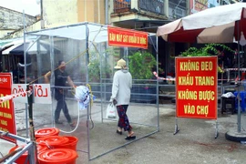 Người dân phải qua buồng khử khuẩn tự động trước khi vào mua hàng tại một chợ ở tỉnh Nghệ An. (Ảnh: Tá Chuyên/TTXVN) 