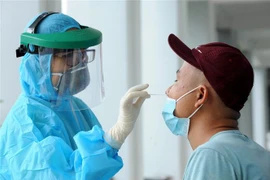 Nhân viên y tế lấy mẫu xét nghiệm SARS-CoV-2 tại Bệnh viện Đa khoa Cần Giuộc (Long An). (Ảnh: Bùi Giang/TTXVN) 