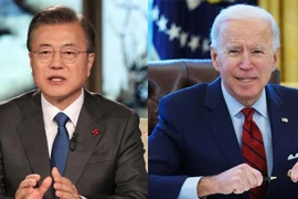​Cựu Tổng thống Hàn Quốc Moon Jae-in và Tổng thống Mỹ Joe Biden. (Nguồn: AFP) 