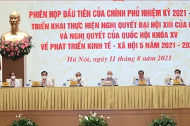 Tổng Bí thư Nguyễn Phú Trọng, Chủ tịch nước Nguyễn Xuân Phúc, Thủ tướng Phạm Minh Chính, Chủ tịch Quốc hội Vương Đình Huệ tham dự Phiên họp. (Ảnh: Dương Giang/TTXVN) 