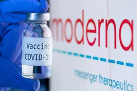 Vaccine ngừa COVID-19 bên biểu tượng của Hãng dược phẩm Moderna. (Ảnh: AFP/TTXVN) 