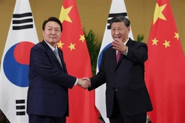Tổng thống Hàn Quốc Yoon Suk-yeol (trái) và Chủ tịch Trung Quốc Tập Cận Bình tại cuộc gặp bên lề Hội nghị thượng đỉnh G20 ở Bali, Indonesia, ngày 15/11/2022. (Ảnh: Yonhap/TTXVN)