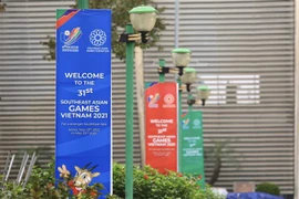 Các tấm pano tuyên truyền, cổ động cho Đại hội Thể thao Đông Nam Á 2021. (Ảnh: Hoàng Hiếu/TTXVN) 