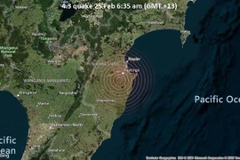 Bản đồ xác định vị trí một trận động đất tại quần đảo Kermadec của New Zealand ngày 5/3/2021. (Nguồn: AP/TTXVN) 