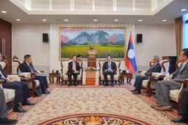 Bộ trưởng Bộ Khoa học và Công nghệ Huỳnh Thành Đạt (trái) chào xã giao Thủ tướng Lào Sonexay Siphandone. (Ảnh: Đỗ Bá Thành/TTXVN)
