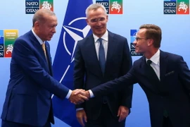 (Từ trái sang) Tổng thống Thổ Nhĩ Kỳ Recep Tayyip Erdogan, Tổng Thư ký NATO Jens Stoltenberg và Thủ tướng Thụy Điển Ulf Kristersson tại cuộc gặp ở Vilnius, Litva ngày 10/7/2023. (Ảnh: AFP/TTXVN)